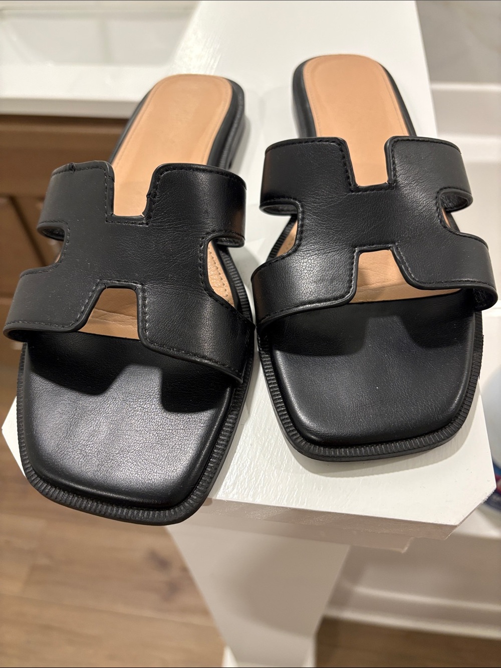 Black Leather Slide Sandals - Women's Casual Slip-On